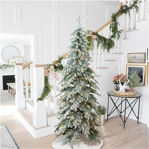 Glitzhome 7.5ft Prelit Christmas Tree, Artificial Christmas Tree with 350 Warm White Lights, Flocked Pencil Christmas Trees Chicago Frostwood Spruce with 1,211 PE&PVC Branch Tips,Sturdy Metal Stand