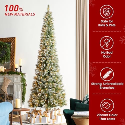 Glitzhome 9ft Prelit Christmas Tree, Artificial Christmas Trees, Portland Cashmere Pine Pencil Tree with 350 Warm White/Multi-Color C3 Clear LED Lights, 9 Function w/Remote Control, Easy Assembly