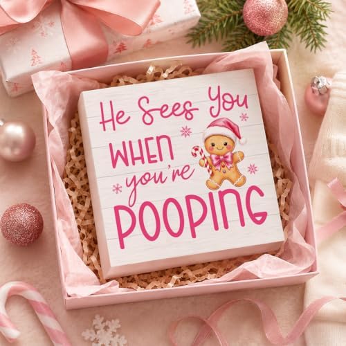 Pink Christmas Bathroom Decor Funny Gingerbread Christmas Wooden Box Sign