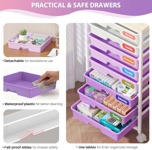Goovilla Rolling Cart with 8 Drawers for Art, Dorm, Office, Craft, Purple