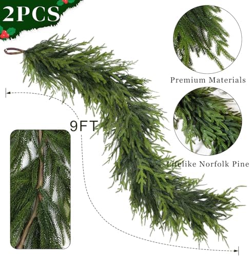 Artificial Christmas Garland, Faux Norfolk Pine for Mantle Decor(9FT 2PCS)