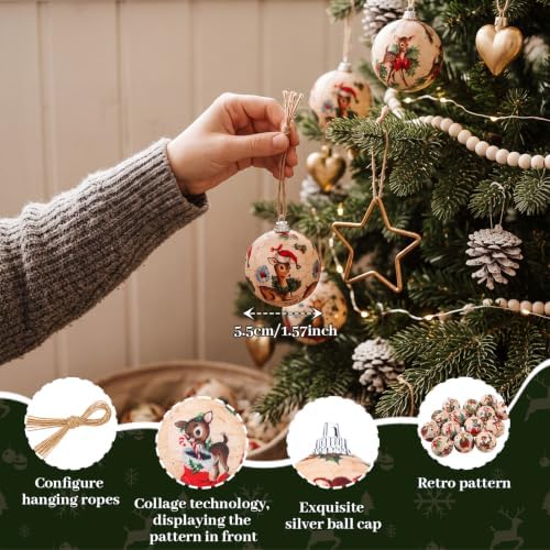Outus 16 Pcs Vintage Reindeer Christmas Tree Ball Ornaments, Retro Christmas Decorations for Farmhouse Xmas Tree, Hanging Elk Ornaments for Home Fireplace Holiday Party Decor