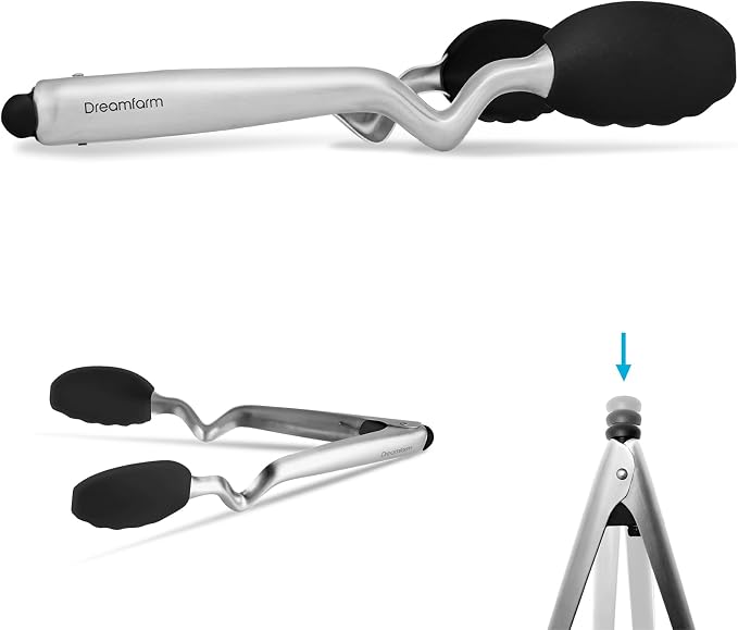 Dreamfarm Clongs Grippy Silicone & Stainless Steel Kitchen Cooking Tongs with Click-Lock Open & Close - 9" Black | Stainless steel, strong-grip non-stick safe tips, one-handed button lock open and close, sit-up handles for mess free benches