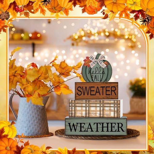 Moucuny 4 Pcs Fall Table Decor Neutral Sage Green Pumpkin Wooden Sign