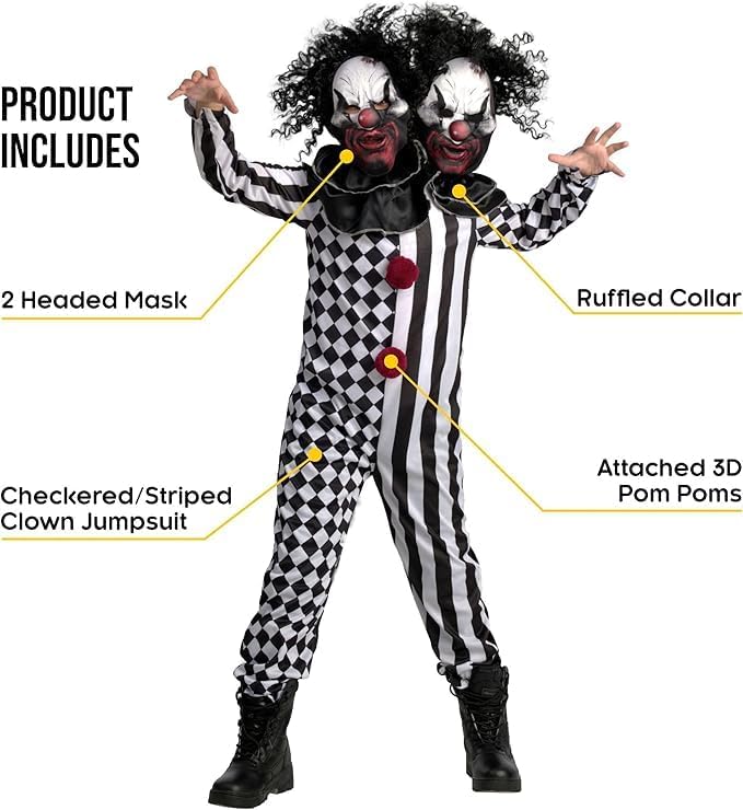 Morph Two Headed Scary Clown Costume Men, Halloween Costumes for Men