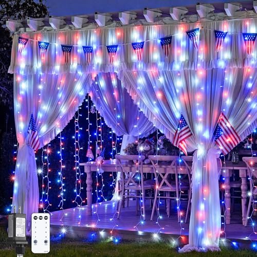 JMEXSUSS 300LED Red White & Blue Curtain Lights for 4th of July, 9.8x9.8ft