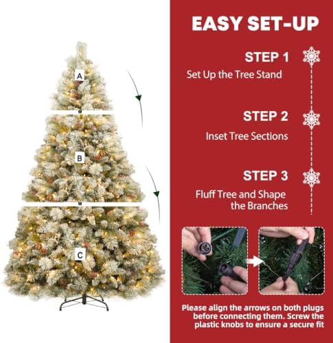 Hykolity 7.5ft Prelit Flocked Christmas Tree with Pine Needle and Brerries