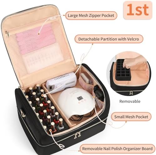 CUBETASTIC Nail Polish Organizer, Nail Tech Organizers and Storage Case Holds 69 Bottles Nail Polish & Nail Lamp, Travel Nail Supplies bag for Nail Tech Kit & Manicure Tools, Black