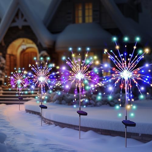 Solar Garden Firework Lights Outdoor Waterproof 4 Pack 120 LED Sparklers Solar Lights for Outside Patio Backyard Yard Pathway Walkway Christmas Decorations (Colorful)