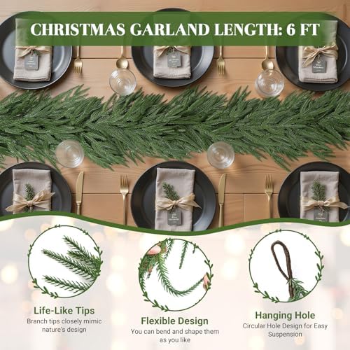 2PCS 6FT Christmas Garland, Artificial Real Touch Norfolk Pine Garland