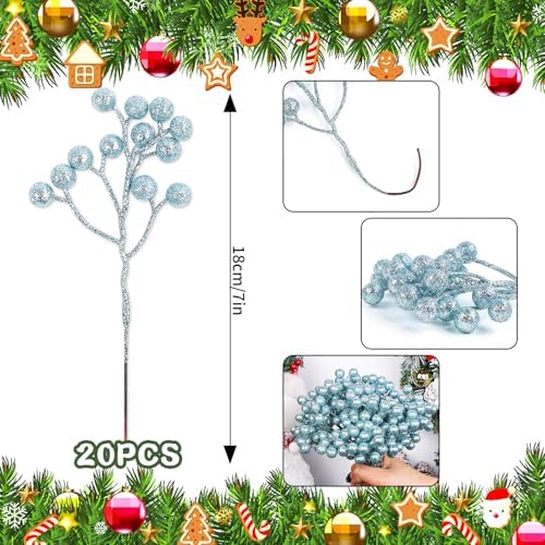 Fangoo 20 Pack 7 Inch Artificial Light Blue Berry Picks for Christmas Tree