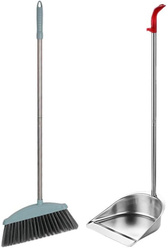 Broom and Dustpan Set with Long Handle for Home, Heavy Duty Stainless Steel Dustpan with Broom, Upright Standing Dust Pan for Sweeping Kitchen and Home Kitchen Office Lobby Flool,B