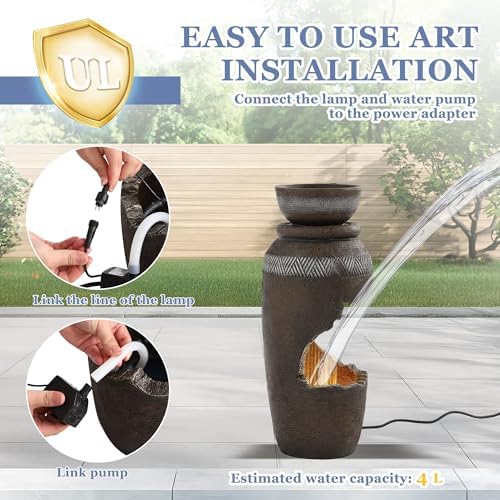 Grepatio Outdoor Water Fountain with LED Light, Tiered Urn Water Fountain with Planter, 30" H Large Outdoor Cascading Fountains with Waterfall for Garden, Yard, Deck Decor with Cracked Urn Look