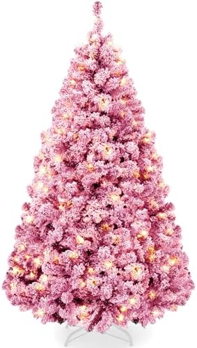 Best Choice Products Artificial Flocked Christmas Tree, 6ft Premium Pre-Lit Colorful Pine Holiday Décor w/250 Twinkle Lights, Metal Base - Pink