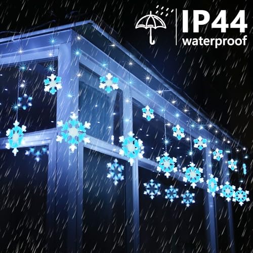 Christmas Snowflake Lights, 10.66ft 168 LED Icicle Lights Outdoor with 14 Drops, 8 Modes Waterproof Connectable Christmas Light for Eaves Wedding Garden Yard Indoor Xmas Decor (White & Icicle Blue)