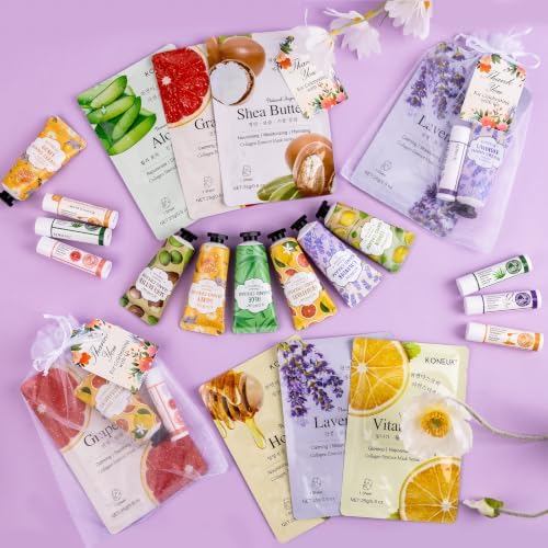 KONEUK 60 Pack Bulk Lip Balm, Facial Mask and Hand Cream Sets, Thank You Gifts and Bridesmaid Gifts for Guests, Birthday Gifts, Teacher Appreciation Gifts, Wedding Favors and Bulk Small Gifts