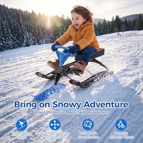 Snow Scooter for Kids & Adults, Steerable Ski Bike Sled with Steering Wheel & Dual Serrated Brakes, Heavy Duty 220 LBS Capacity Snow Racer Sled for Children Teens Adults Safe Winter Sport Toy