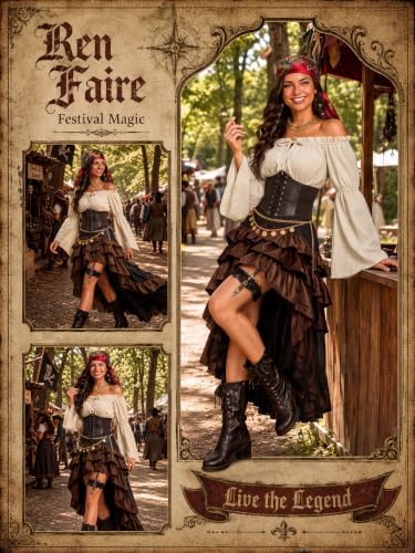 SOMSOC Pirate Costume Women Outfit with Renaissance Pirate Shirt Skirt Corset Waist Belt Accessories Set for Halloween