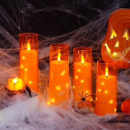 kakoya Flameless LED Candles with Timer 9 Pc Flickering Flameless Candles for Romantic Ambiance and Home Decoration Stable Acrylic Shell,with Embedded Star String，Battery Operated Candles（Orange）