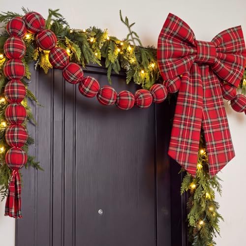 Riceshoot Christmas Tartan Plaid Ball Garland with Bow, Tree Decoration Set