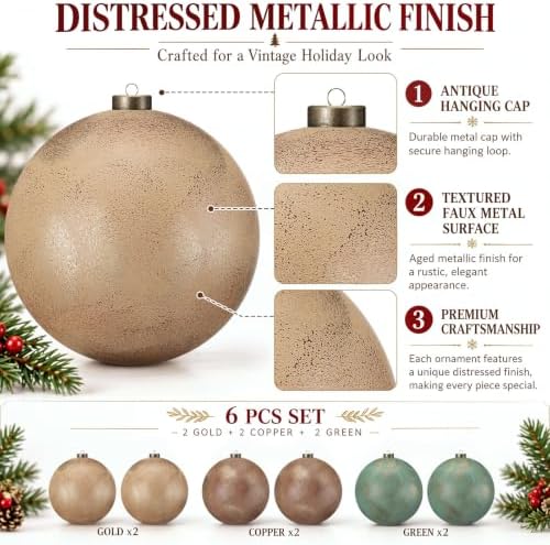 6 Pcs 6 Inch Large Christmas Ornaments Champagne Bronze Green