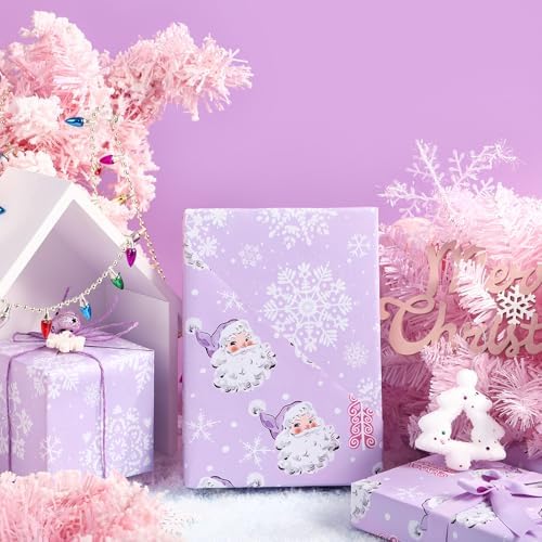 WRAPAHOLIC Reversible Christmas Wrapping Paper - Mini Roll - 17 Inch x 33 Feet - Purple Santa Claus and Snowflake with Embossed for Christmas, Holiday, Party Celebration