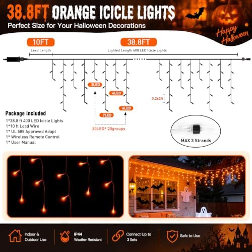 JMEXSUSS Orange Halloween Icicle Lights Outdoor, 38.8 FT 400 LED