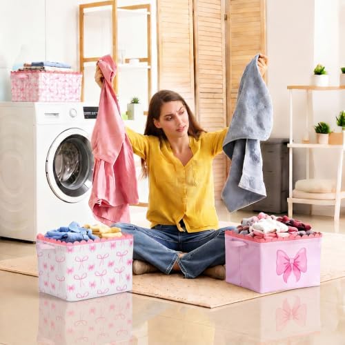 CHENGU 6 Pcs Pink Bow Storage Basket Collapsible Scalloped Storage Bin