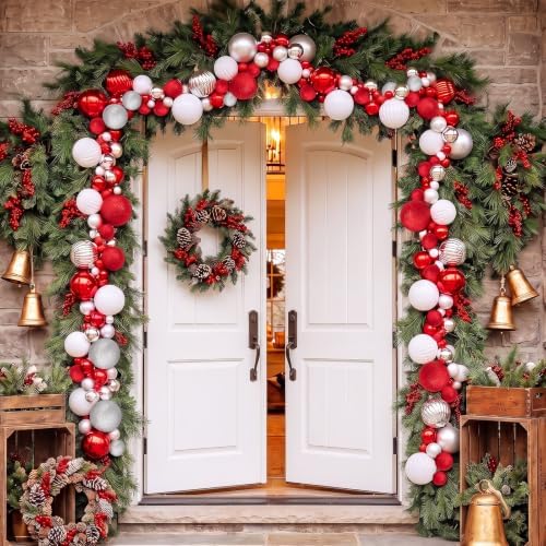 9.2 ft Christmas Ball Garland, Red, White, Silver