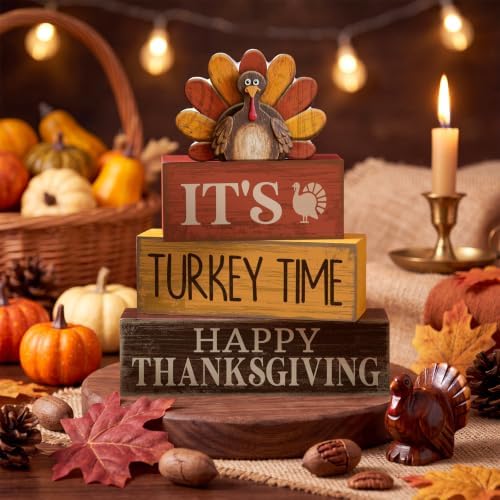 Lineshading 4 Pcs Thanksgiving Table Decor Decor, Turkey Time Block Signs