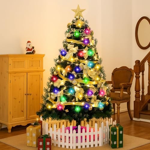 6ft DIY Christmas Tree Kit Artificial Christmas Tree with Lights and Ornaments 48'' Xmas Trees Skirt 65 x 30 x 15'' Storage Bag, LED Holiday Xmas Trees for DIY Home Decor(Gold,Stylish)