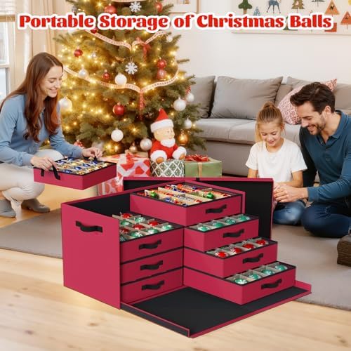 StorageRight Christmas Ornament Storage Box - Ultra Large Drawer Ornament Organizer with 8 Separate Trays & Adjustable Dividers, Portable Ornaments Box with Cover & Handle for Holiday Decorations(Red)