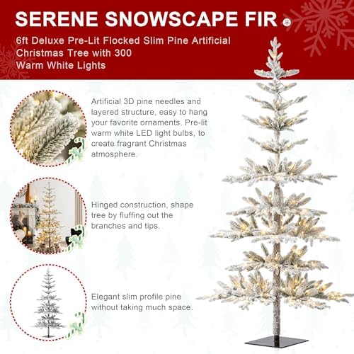 Glitzhome Prelit Christmas Tree, 6ft Flocked Artificial Christmas Tree Serene Snowscape Fir with 300 Warm White Lights for Home, Office, Party Decoration, Metal Hinges & Base, Easy Assembly
