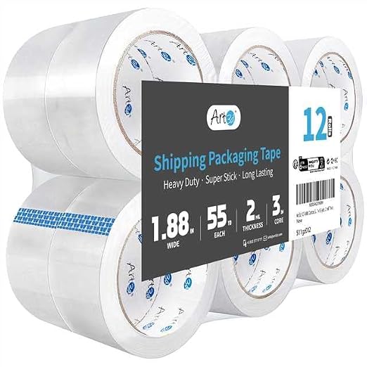 Art3d 12 Rolls Clear Packing Tape, 1.88" x 55yds, Heavy Duty | 2.2 mil Thick, Carton Sealing, Strong Adhesive Tape for Shipping Moving Boxes, Home and Office Use