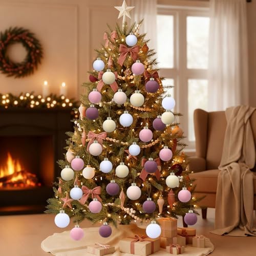 Gemscream 30 Pcs Velvet Christmas Balls, 3.15" Flocked Blue Ornaments, Pink