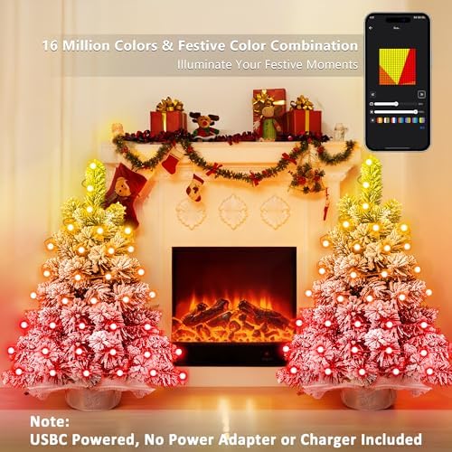Brizled Snow Flocked Smart Christmas Tree, 22.8in Mini Christmas Tree with 100 LED RGB Lights, App/Voice Control 159+ Scenes Tabletop Xmas Tree USB C Small Tree Work with PD Power for Fireplace Desk
