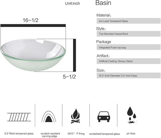 Bathroom Vessel Sink, Tempered Glass Vanity Round Bowl, Frosted | Chrome Faucet, Pop Up Drain, Above Counter, Easy Clean