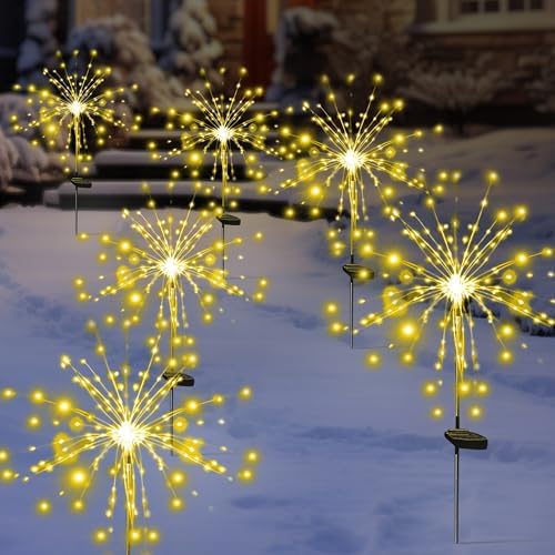 Christmas Solar Garden Firework Lights Outdoor Waterproof 6 Pack Solar Powered Art Stake Twinkle Lighting for Outside Decor, 120 LED Warm White