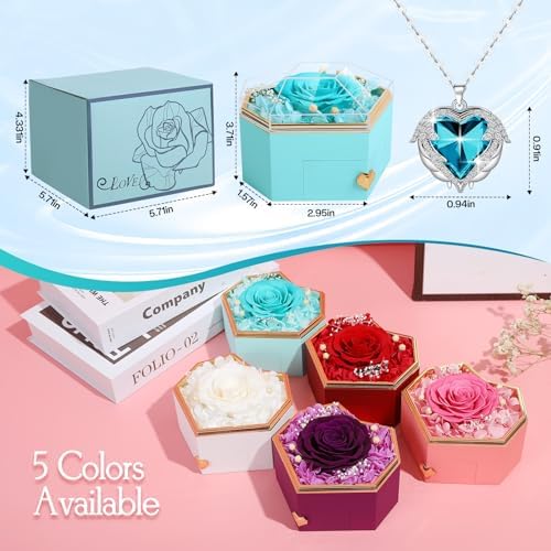 Preserved Cyan Real Rose with Necklace Forever Flowers Diamond shaped Box for Mom Wife Girlfriend Grandma on Mothers Day Birthday Valentines Christmas Anniversary Beatiful Gifts for women