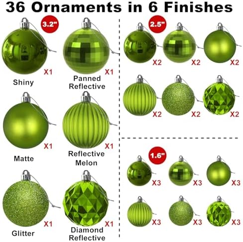 Lime Green Christmas Ornaments - Christmas Tree Decorations Shatterproof Hanging Balls for Birthday St. Patrick's Day Easter Mardi Gras Wedding Decorations Set of 36pcs, Multi-Sizes(1.6",2.5",3.2")