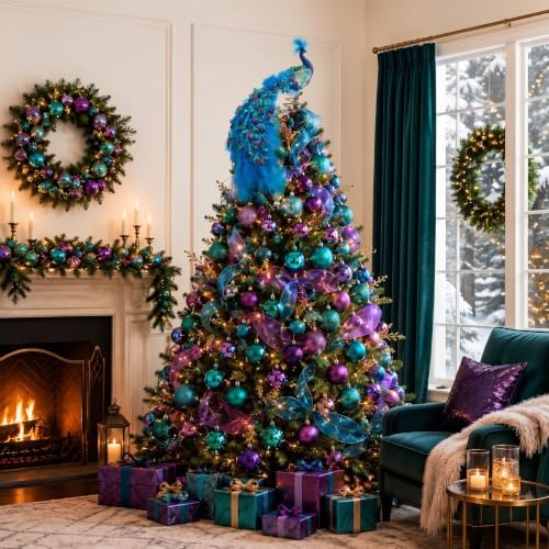 39 Pcs Christmas Tree Decorations Peacock Topper Ornaments Ribbon Blue and Purple Balls Christmas Tree Hanging Ornaments for Xmas Home Office Decorations