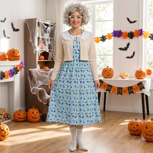 Halloween Old Lady Costume Set with Nightgown Grandma Dress and Coat