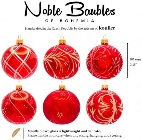 Luxury Handcrafted European Glass Christmas Ball Ornaments - Set of 6 - Red & Gold - 8 cm - Mouth-Blown & Hand-Painted