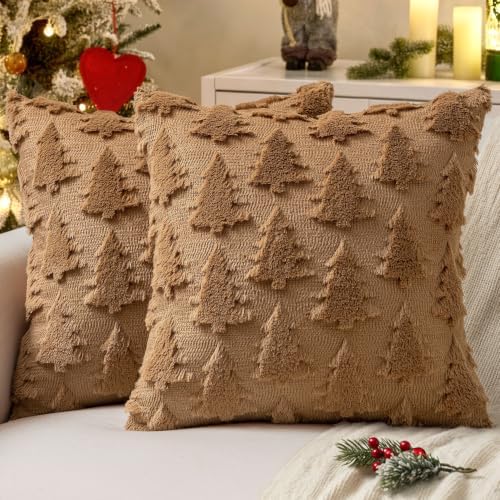 MIULEE Christmas Throw Pillow Covers Brown Christmas Decorations Set of 2 Xmas Tree 18x18 Pillow Covers Soft Plush Faux Wool Pillowcases Holiday Festivals Winter Home Decor Sofa Couch Bed Porch