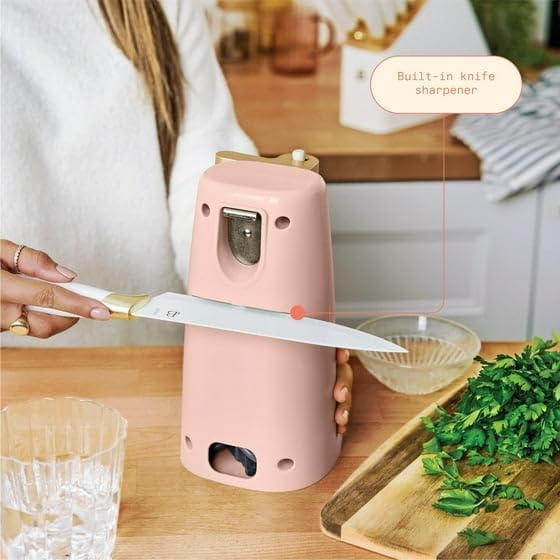 B'eautiful Easy-Prep Electric Can Opener with 70-watt motor effectively, Auto-turn & One-Touch Operation Built-in knife sharpener and bottle opener by D'rew Barry'more (Rose)