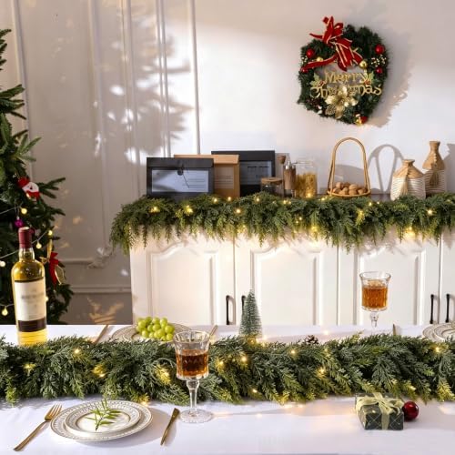 9FT 1Pcs Christmas Cedar Garland with Lights Realistic Faux Pine Garlands