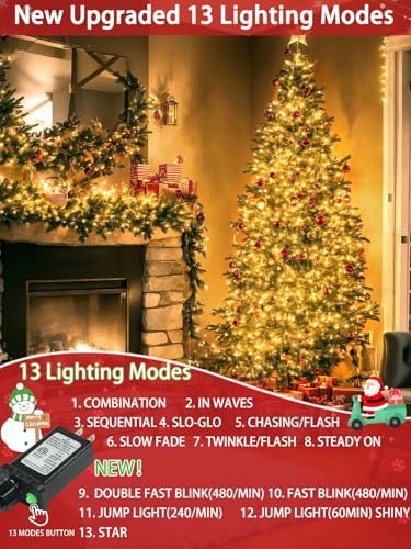 2 Pack 200 LED Christmas Lights 13 Modes Extendable Christmas Tree Lights