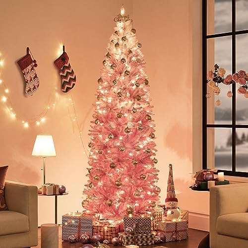Yaheetech 7.5ft Pre-lit Snow Flocked Pencil Christmas Tree, Pink Gradient