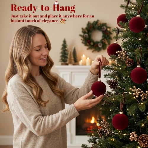 TOWPONICS 15 Pcs Red Velvet Christmas Balls Ornaments for Christmas Tree