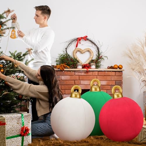3 Pcs 32 Inch Giant Velvet Christmas Inflatable Balls, Red, Green, White